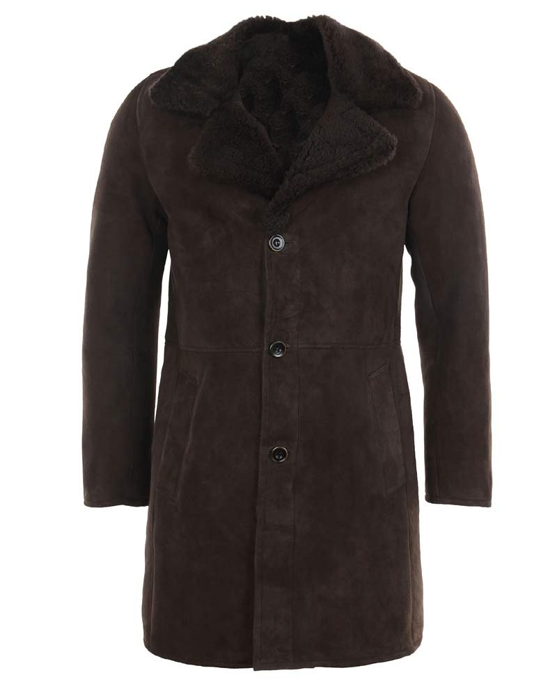 Men's Button Closure Brown Suede Shearling Coat with Fur Collar